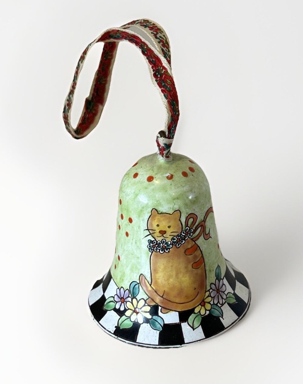 Vtg Kelvin Enameled Copper Bell Cat & Teddy Bear Hat Ribbon Checkered Ornament